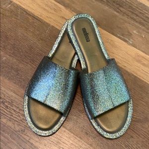 Gold glitter metallic jelly Melissa slides sandals